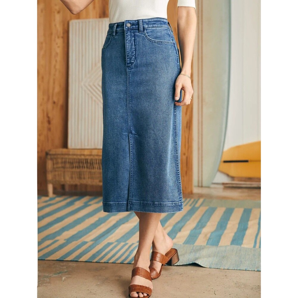 Faherty Stretch Terry Midi Skirt Women's Sz 8 Denim Jean Riverton Medium Wash